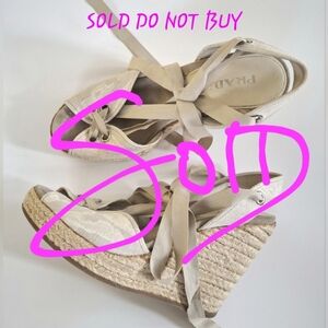 Prada Espadrille Wedge Heels Peep Toe Sandals Size 8.5 Beige/White Leather Upper